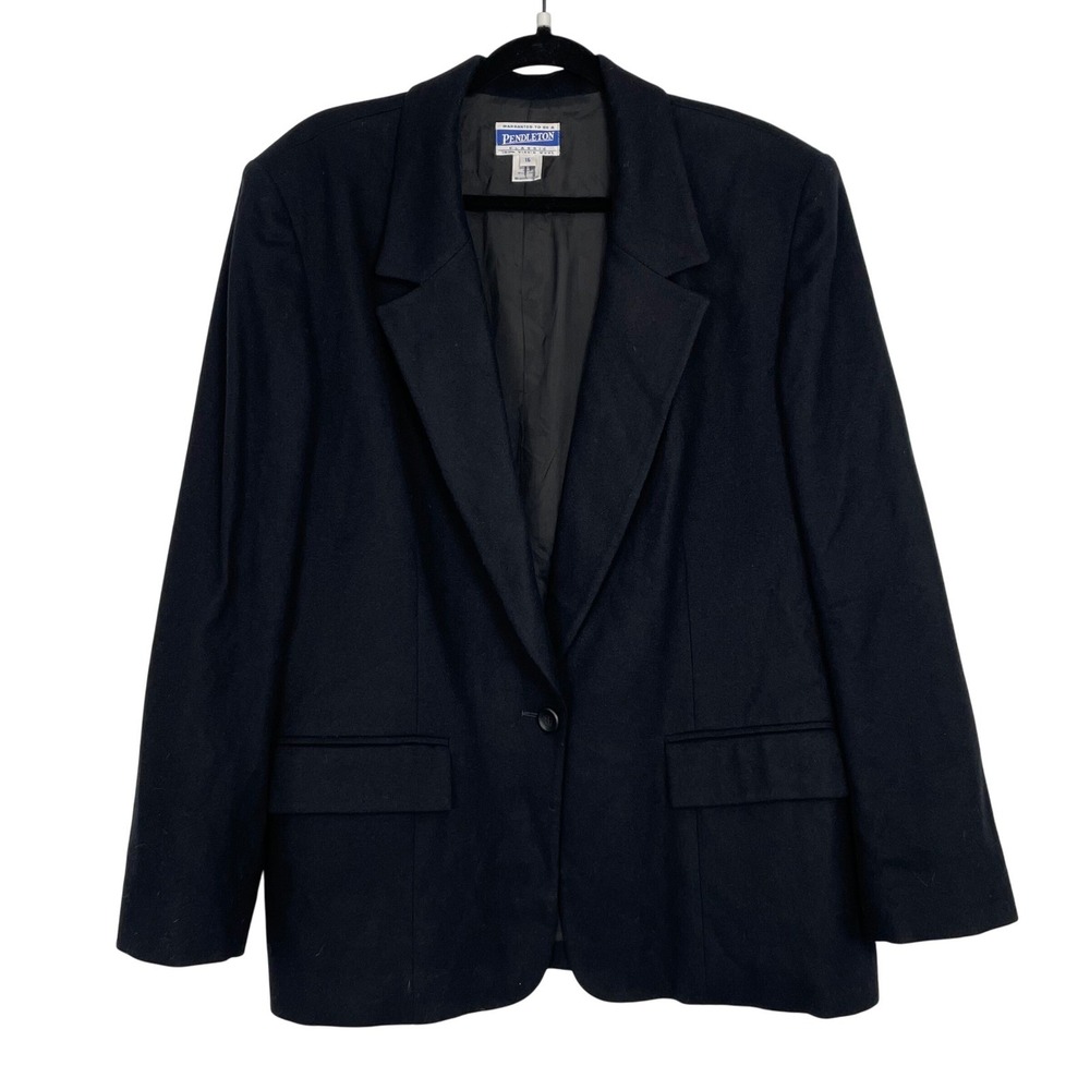 Pendleton Black Wool Tailored Blazer Vintagen Jacket Size 16 Classic Workwear